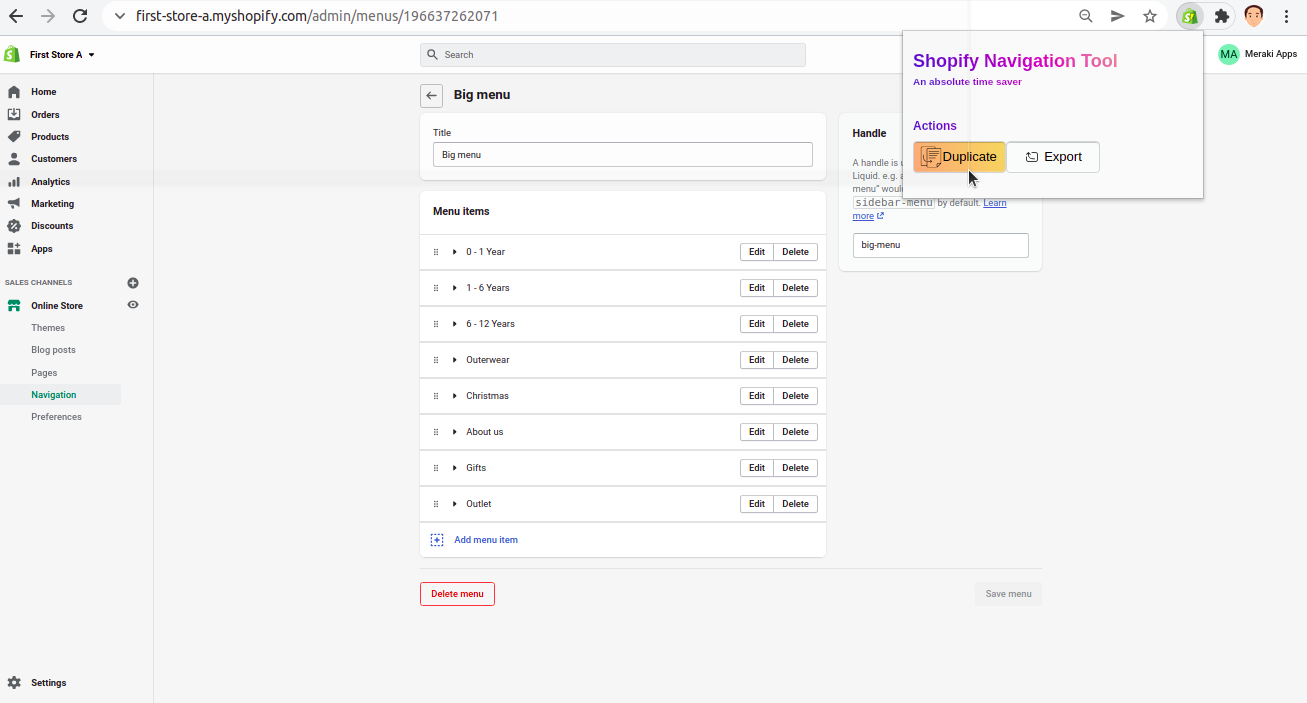 Extension duplicate button highlighted in Shopify menu page
